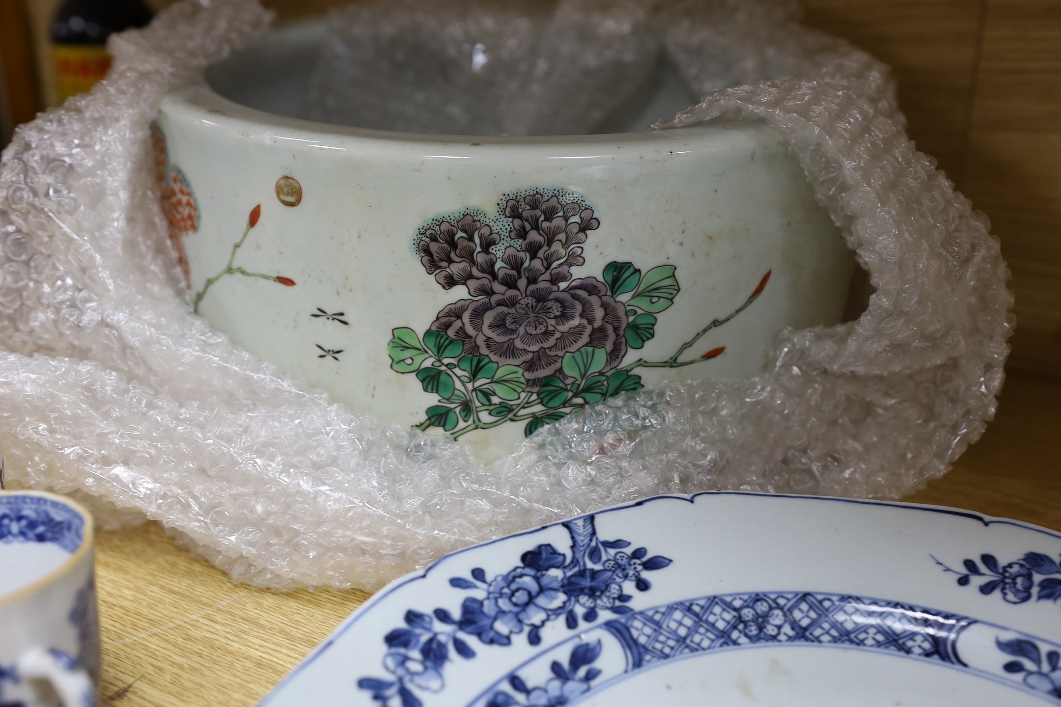 A pair of Chinese Kangxi famille verte cups, together with a large 18th century blue and white plate, and other mixed Chinese porcelain tea wares, including cups, and tea bowls